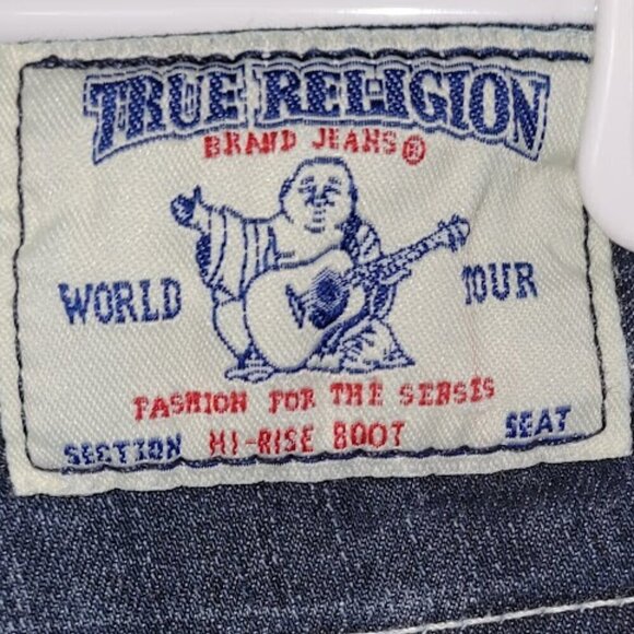 True Religion Boot Cut Blue Denim Jeans Flap Pocket Rainbow Design Women 25 - Picture 8 of 11
